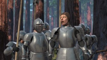 Movie still from “Shrek” (2001), directed by Vicky Jenson – A group of men in metal armor standing next to each other in the woods; Medium shot, Over the shoulder angle