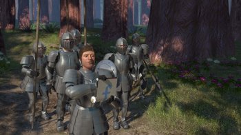 Movie still from “Shrek” (2001), directed by Vicky Jenson – A group of people in metal armor standing in a forest; Medium shot, High angle