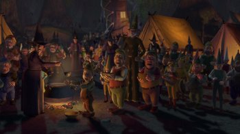 Movie still from “Shrek” (2001), directed by Vicky Jenson – A group of people standing around a tent; Wide shot, High angle