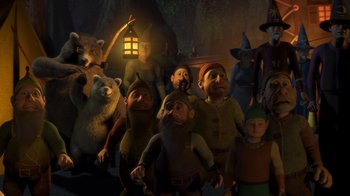 Movie still from “Shrek” (2001), directed by Vicky Jenson – A group of people standing next to each other in the dark; Wide shot, High angle