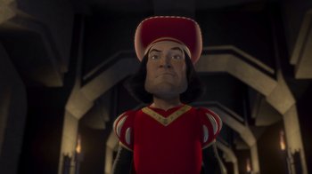 Movie still from “Shrek” (2001), directed by Vicky Jenson – A man in a red outfit and a red hat; Close Up shot, Low angle