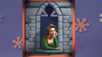 Movie still from “Shrek” (2001), directed by Vicky Jenson – A painting of a woman in a green dress sitting in a window; Medium shot, High angle