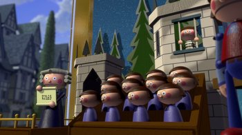 Movie still from “Shrek” (2001), directed by Vicky Jenson – A bunch of people in a row on a stage; Medium shot, Low angle