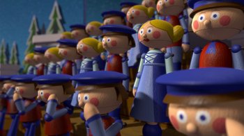 Movie still from “Shrek” (2001), directed by Vicky Jenson – A group of wooden figurines of people wearing hats; Close Up shot, Low angle