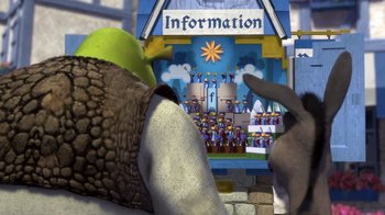 Movie still from “Shrek” (2001), directed by Vicky Jenson – A group of people standing next to each other in front of an information sign; Medium shot, Over the shoulder angle