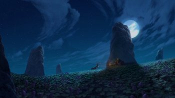 Movie still from “Shrek” (2001), directed by Vicky Jenson – An image of an animal in a field at night; Extreme Wide shot, High angle