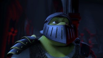 Movie still from “Shrek” (2001), directed by Vicky Jenson – A person wearing a helmet; Close Up shot, Over the shoulder angle