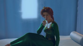Movie still from “Shrek” (2001), directed by Vicky Jenson – A woman in a green dress sitting on a bed; Medium shot, High angle