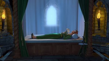 Movie still from “Shrek” (2001), directed by Vicky Jenson – An animated character laying on a bed in front of a window; Wide shot, High angle