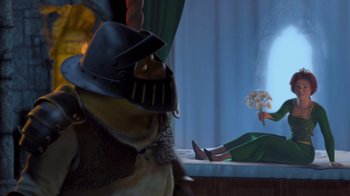 Movie still from “Shrek” (2001), directed by Vicky Jenson – An image of a person in a costume; Wide shot, Over the shoulder angle