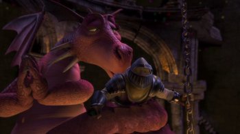 Movie still from “Shrek” (2001), directed by Vicky Jenson – A dragon and a knight are sitting on a swing; Wide shot, High angle