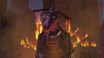 Movie still from “Shrek” (2001), directed by Vicky Jenson – A dragon wearing a leather jacket and a necklace; Medium shot, High angle