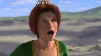 Movie still from “Shrek” (2001), directed by Vicky Jenson – A woman with a surprised look on her face; Close Up shot, High angle