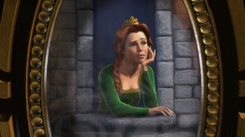 Movie still from “Shrek” (2001), directed by Vicky Jenson – A painting of a woman in a green dress looking out of a window; Medium shot, Low angle