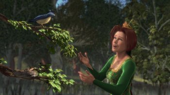 Movie still from “Shrek” (2001), directed by Vicky Jenson – A woman in a green dress is looking at a blue bird; Medium shot, Over the shoulder angle