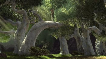 Movie still from “Shrek” (2001), directed by Vicky Jenson – A man standing on top of a tree in the middle of a forest; Extreme Wide shot, Low angle