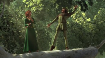 Movie still from “Shrek” (2001), directed by Vicky Jenson – A man and a woman are standing on a log in the woods; Wide shot, Low angle
