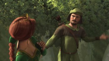 Movie still from “Shrek” (2001), directed by Vicky Jenson – An animated picture of a man and a woman in the woods; Medium shot, Over the shoulder angle