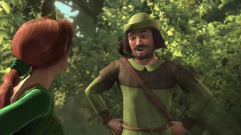 Movie still from “Shrek” (2001), directed by Vicky Jenson – A man and a woman are standing in front of a tree; Medium shot, Over the shoulder angle