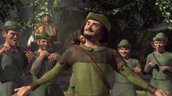 Movie still from “Shrek” (2001), directed by Vicky Jenson – A group of men standing next to each other in a forest; Medium shot, Over the shoulder angle
