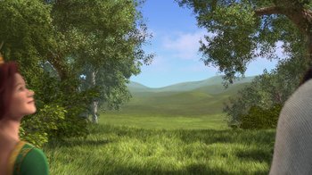 Movie still from “Shrek” (2001), directed by Vicky Jenson – An image of an open field with trees in the background; Extreme Wide shot, High angle
