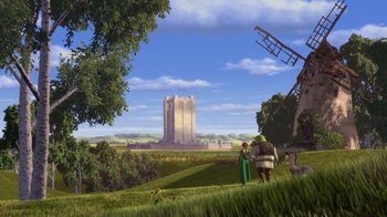 Movie still from “Shrek” (2001), directed by Vicky Jenson – Two people standing in a field with a castle in the background; Extreme Wide shot, Low angle