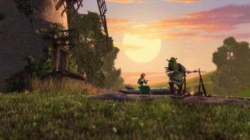 Movie still from “Shrek” (2001), directed by Vicky Jenson – A couple of people that are in the grass; Extreme Wide shot, Over the shoulder angle