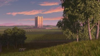 Movie still from “Shrek” (2001), directed by Vicky Jenson – An image of an image of a large building in the background; Extreme Wide shot, Low angle