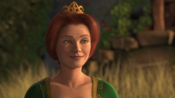Movie still from “Shrek” (2001), directed by Vicky Jenson – A woman with red hair wearing a green dress; Close Up shot, High angle