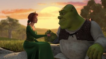 Movie still from “Shrek” (2001), directed by Vicky Jenson – A woman and a man holding hands in front of a sunset; Medium shot, Over the shoulder angle