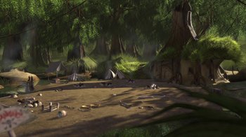 Movie still from “Shrek” (2001), directed by Vicky Jenson – An image of an outdoor scene with trees and rocks; Extreme Wide shot, High angle