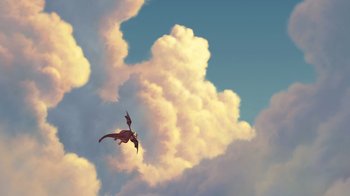 Movie still from “Shrek” (2001), directed by Vicky Jenson – A bird is flying in the sky with clouds in the background; Extreme Wide shot, Low angle