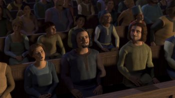 Movie still from “Shrek” (2001), directed by Vicky Jenson – A group of people sitting in front of a crowd; Medium shot, High angle