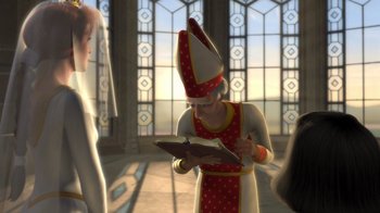 Movie still from “Shrek” (2001), directed by Vicky Jenson – A person wearing a red and white hat and holding a book; Medium shot, Over the shoulder angle