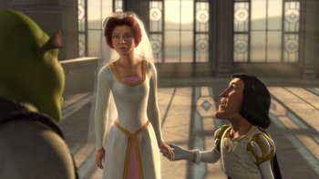 Movie still from “Shrek” (2001), directed by Vicky Jenson – An animated scene of a man and a woman holding hands; Medium shot, Over the shoulder angle