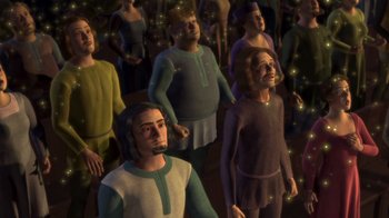 Movie still from “Shrek” (2001), directed by Vicky Jenson – A bunch of people that are standing in a room together; Medium shot, High angle