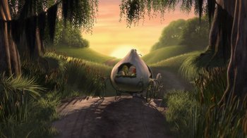 Movie still from “Shrek” (2001), directed by Vicky Jenson – A painting of a carriage on a dirt road with trees in the background; Wide shot, High angle