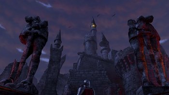 Movie still from “Shrek 2” (2004), directed by Andrew Adamson – An image of a castle with a knight in the background; Extreme Wide shot, Low angle