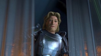Movie still from “Shrek 2” (2004), directed by Andrew Adamson – A person wearing a suit of armor; Medium shot, Over the shoulder angle