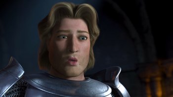 Movie still from “Shrek 2” (2004), directed by Andrew Adamson – A man in a suit of armor with a surprised look on his face; Close Up shot, Low angle