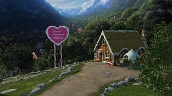 Movie still from “Shrek 2” (2004), directed by Andrew Adamson – A house with a pink heart on the side of the house; Extreme Wide shot, High angle