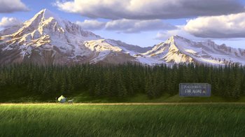 Movie still from “Shrek 2” (2004), directed by Andrew Adamson – An image of an outdoor scene with mountains and trees; Extreme Wide shot, High angle