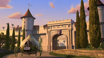 Movie still from “Shrek 2” (2004), directed by Andrew Adamson – An image of a fairy tale setting with a tent; Extreme Wide shot, High angle