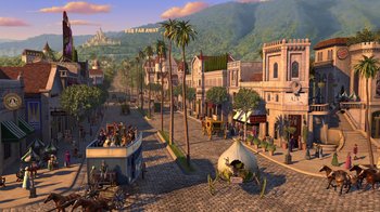 Movie still from “Shrek 2” (2004), directed by Andrew Adamson – An image of an animated town with a lot of people; Extreme Wide shot, High angle