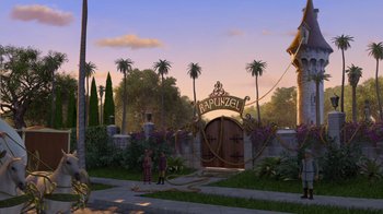 Movie still from “Shrek 2” (2004), directed by Andrew Adamson – An entrance to a fairy - tale castle with a sign saying rapunzel; Extreme Wide shot, High angle