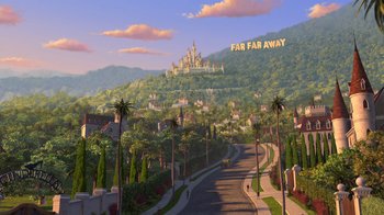 Movie still from “Shrek 2” (2004), directed by Andrew Adamson – An image of an animated city with a castle on top of it; Extreme Wide shot, High angle