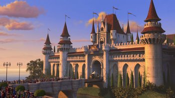 Movie still from “Shrek 2” (2004), directed by Andrew Adamson – An animated castle with a large clock on it's side; Extreme Wide shot, Low angle