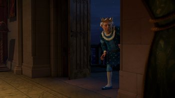 Movie still from “Shrek 2” (2004), directed by Andrew Adamson – An old man dressed as a king standing in front of a door way; Wide shot, Over the shoulder angle