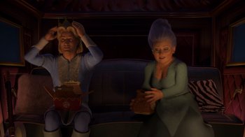 Movie still from “Shrek 2” (2004), directed by Andrew Adamson – A man and a woman sitting next to each other on a bench; Medium shot, High angle