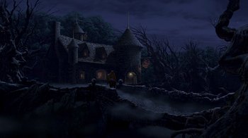 Movie still from “Shrek 2” (2004), directed by Andrew Adamson – A painting of an old house at night with trees; Extreme Wide shot, Low angle